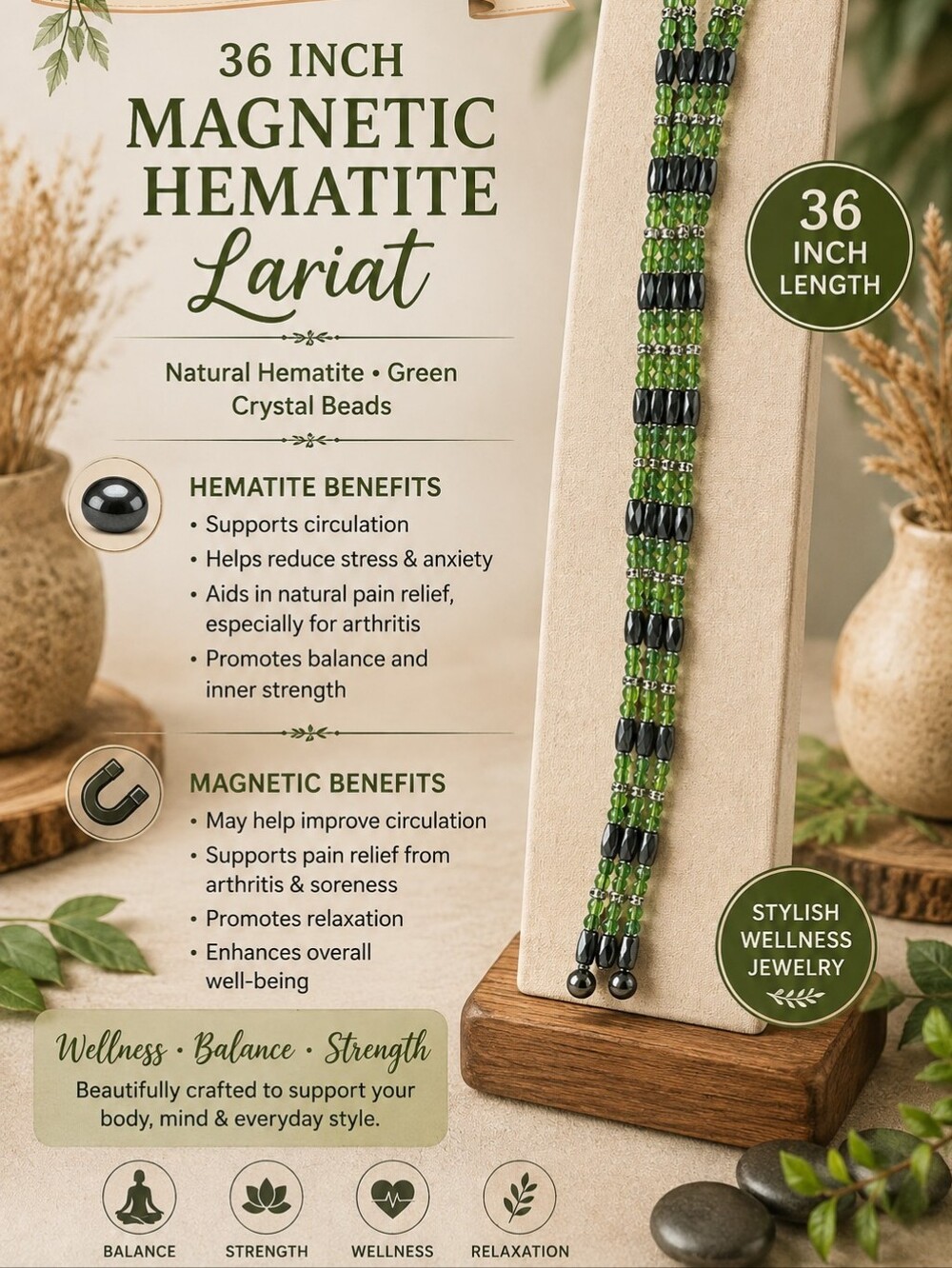 36" Green Hematite Magnetic Lariat Necklace - Wellness Jewelry